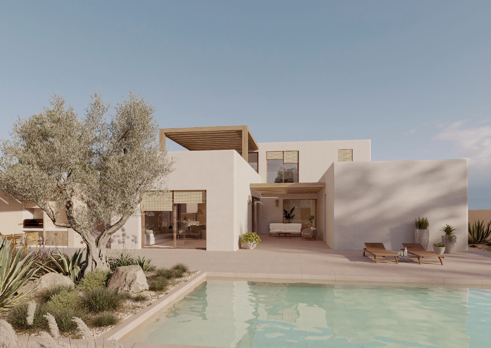 Villa de cinco dormitorios con vistas al mar. Villa de obra nueva cerca de la playa y zona comercial de Moraira. Diseño mediterráneo moderno.